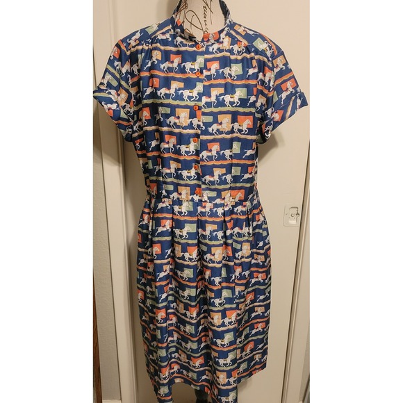 Palava Dresses & Skirts - Palava Carousel Horse Print Tencel Midi Dress Blue Orange Button Front Sz 16